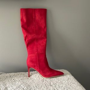 Nine West knee boots. Red. Suede. Croc embossed leather heel. Size 11M.